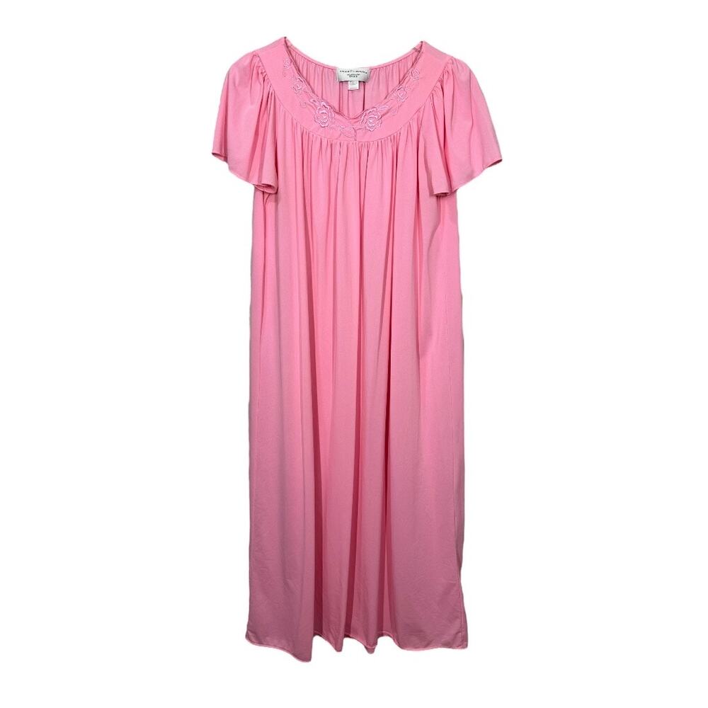 Vintage Miss Elaine For Dillards Pink Silky Nylon Nightgown Small Cap Sleeve